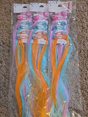 3 Packs Of Claire's Multicolor Rainbow Hair Clip-Ins (Pink, Blue, Orange)